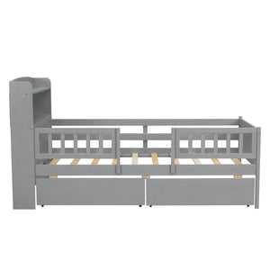 Platform Bed With LED Light, Multi Functional Headboard, Guardrail And 2 Drawers
