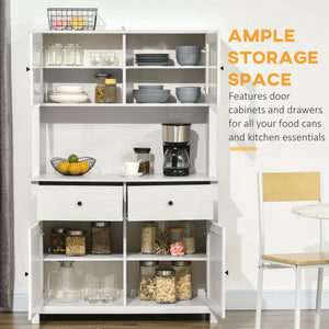 Homcom - 63.5" Kitchen Buffet With Hutch, Pantry Storage Cabinet With 4 Shelves, Drawers, Framed Glass Doors, Open Microwave Countertop - Antique White
