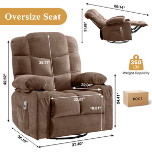 Oversized Massage Swivel Recliner Chair with Lumbar Heating, Cup Holders & USB - Brown or Gray