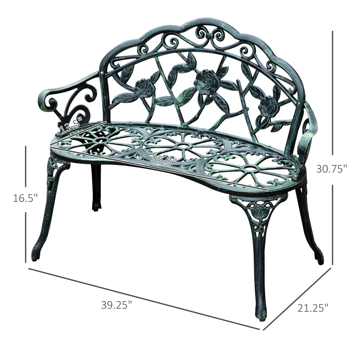 Outsunny Cast Aluminum Outdoor Bench, Green, Floral Rose Accent