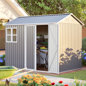 8'x6' Large Steel Storage Shed with Window, Lockable Doors & Sloped Roof