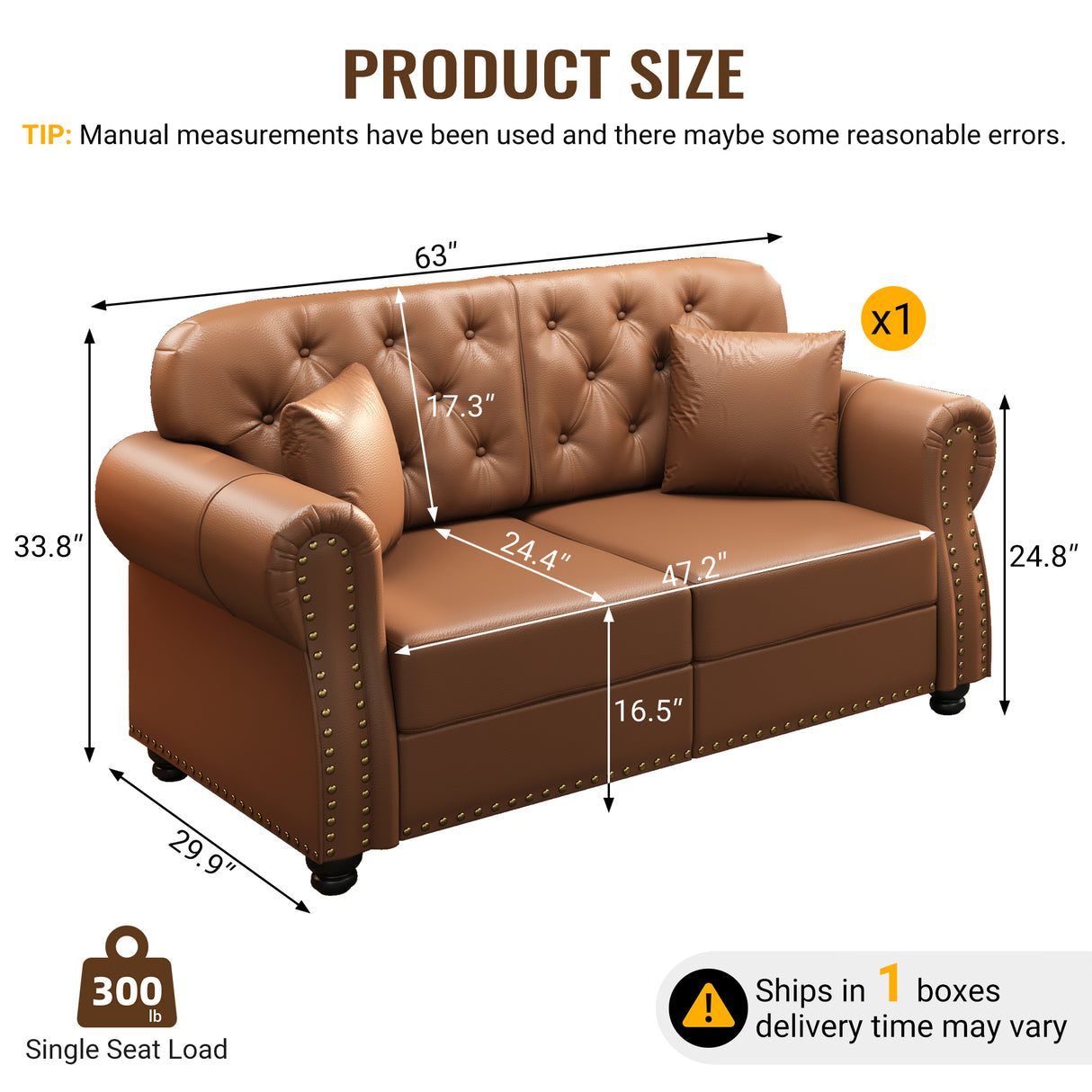 63" Upholstered Faux Leather Sofa with Nailhead Trim