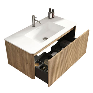 Etna 36-Inch Bathroom Vanity, Oak Striped with White Solid Surface Sink