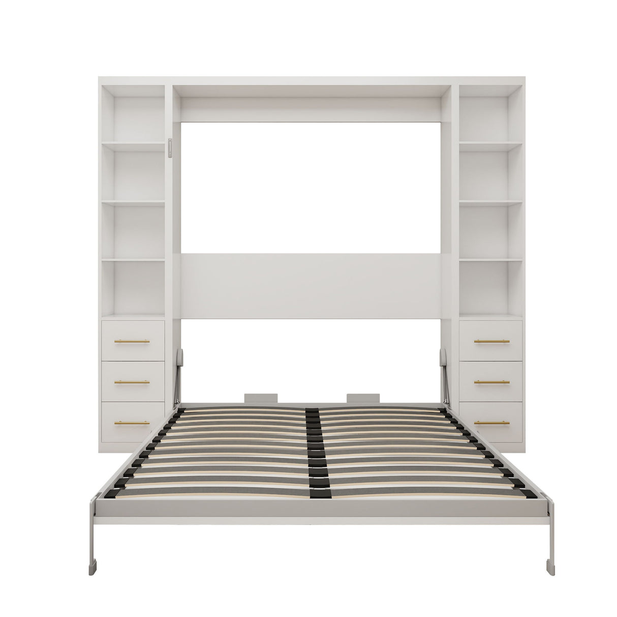 Queen Size Murphy Wall Bed With Side Storage Cabinets - White