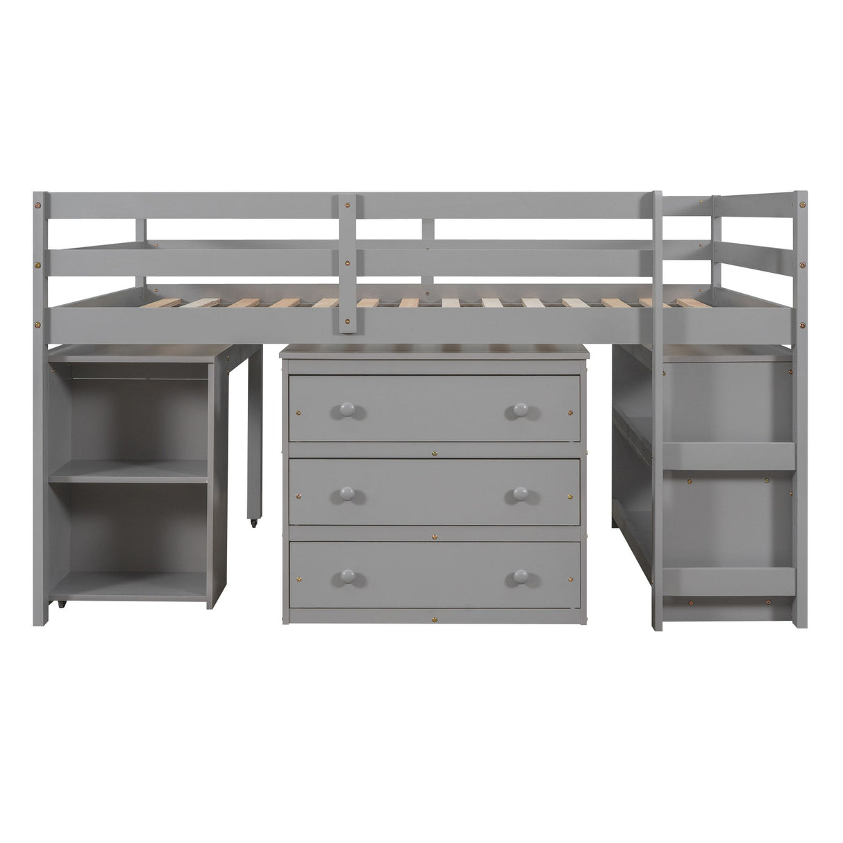 Loft Low Study Bed With Cabinet, Shelves And Rolling Portable Desk, Multiple Functions