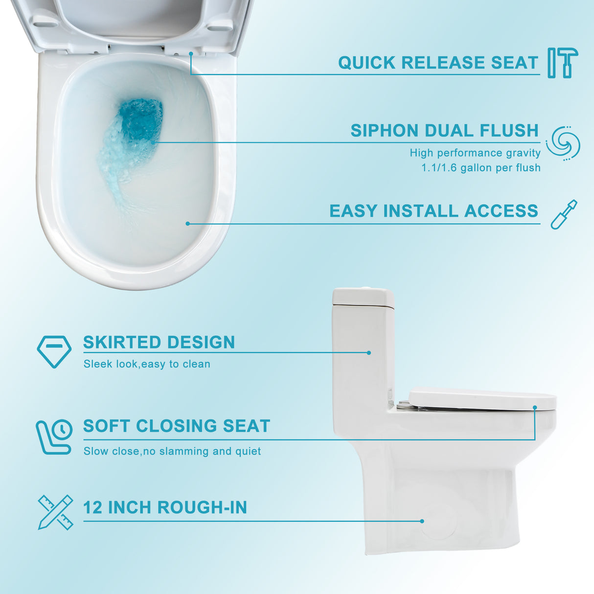 Ceramic One Piece Toilet for Bathroom, 12-inch Rough-In, Dual Flush