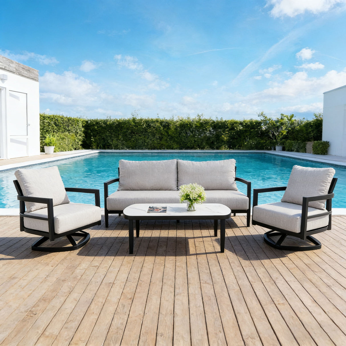 Outdoor Conversation Set With Chairs, Bench Sofa, Tables, Sunbrella Cushions