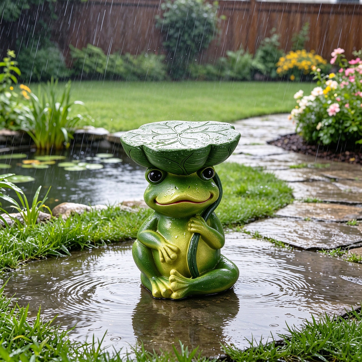 Magnesium Oxide Frog Stool Garden Statue with Lotus Leaf Seat - Outdoor Decor