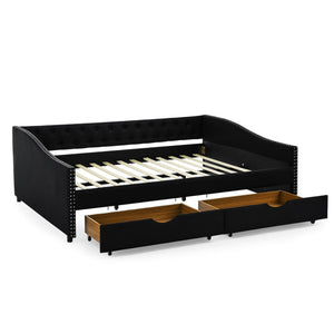 Upholstered Tufted Daybed With 2 Drawers, Waved Arms