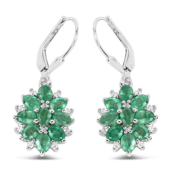 3.04 Carat Genuine Zambian Emerald and White Zircon .925 Sterling Silver Earrings