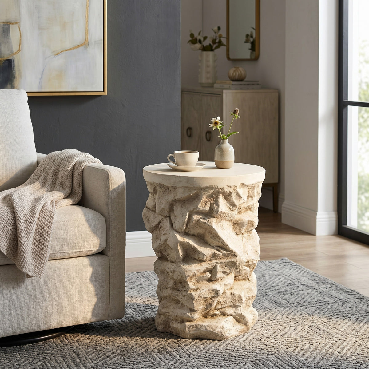 Beige Round Faux Stacked Stone MGO Side Table