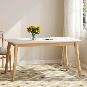 Dining Table With Splayed Rubberwood Legs & Faux Wood Tabletop, Mid Century Modern - White Oak