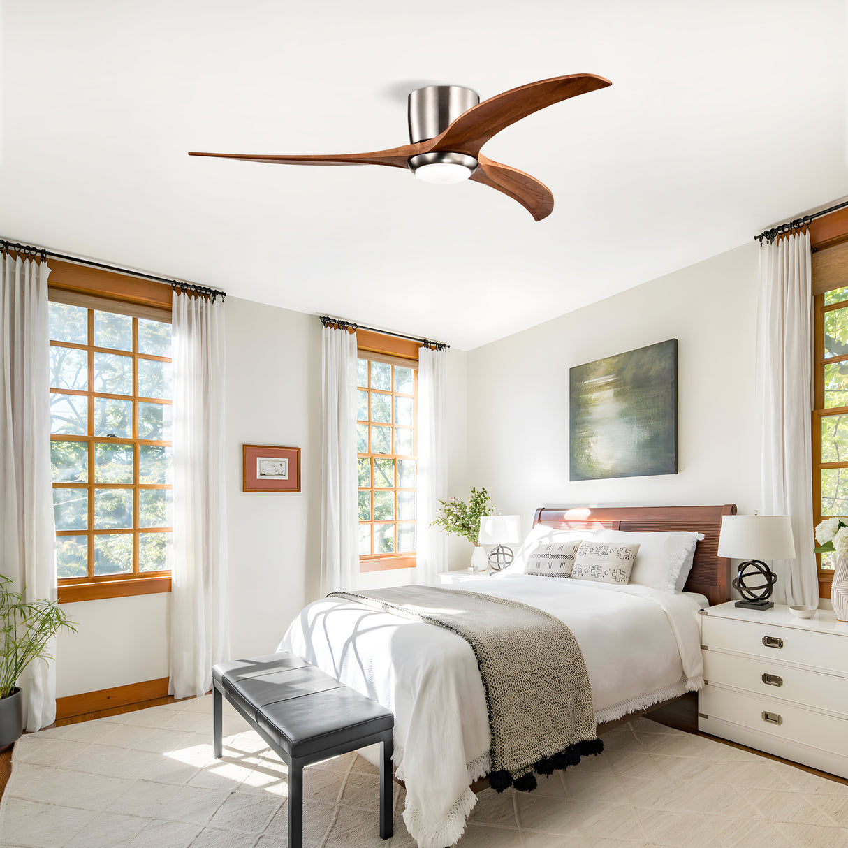 52" Flush Mount Fan Light with Solid Wood Blades and Remote Control