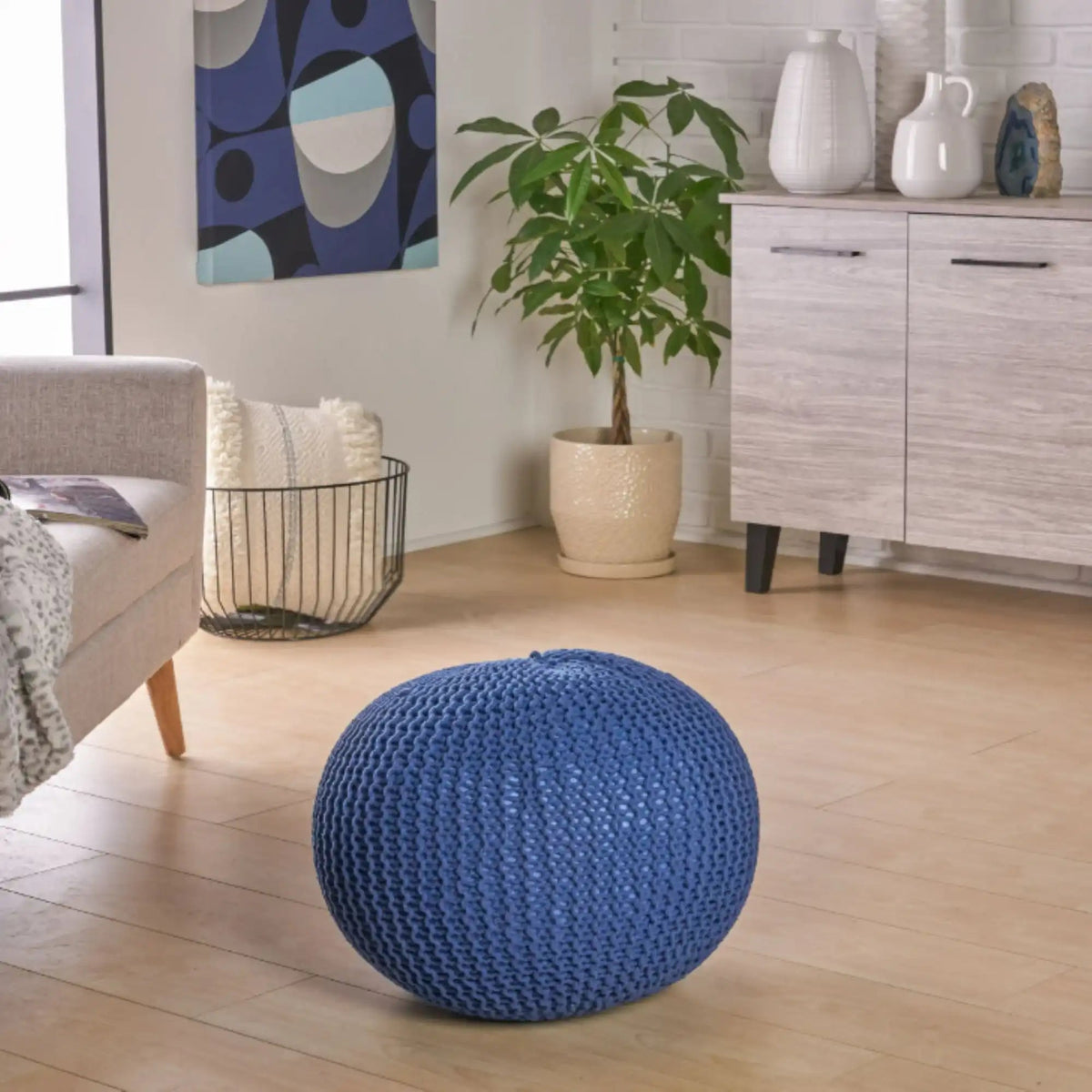 Bazar Knitted Cotton Round Pouf Ottoman with Soft Textured Cover - view 13