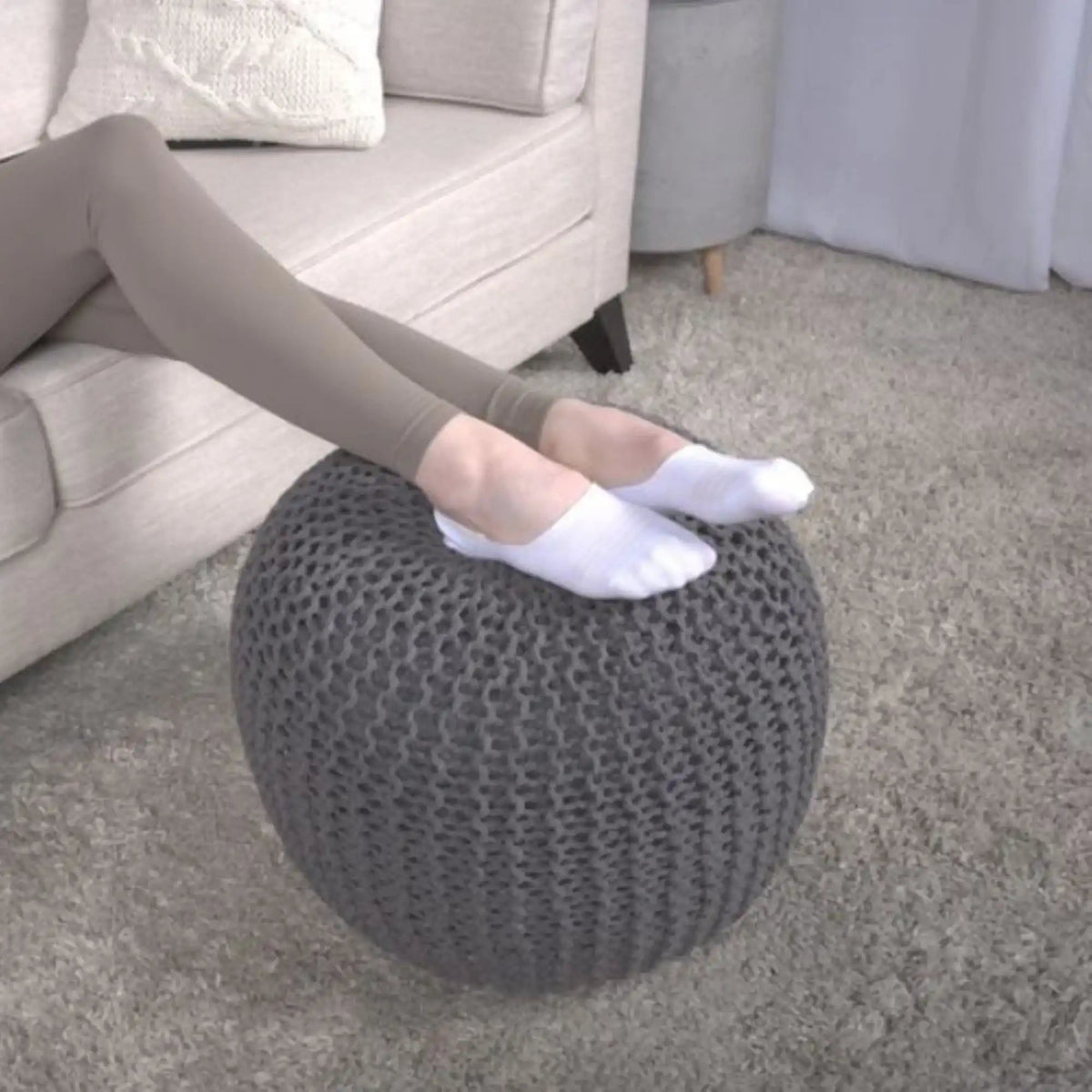 Bazar Knitted Cotton Round Pouf Ottoman with Soft Textured Cover