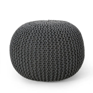 Bazar Knitted Cotton Round Pouf Ottoman with Soft Textured Cover in Dark Gray