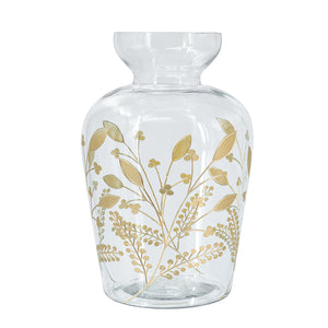 Curved Glass Accent Vase with Gold Floral Motifs, 12.6-Inch, Multicolor