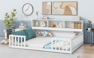 Floor Bed With Side Bookcase, Shelves, Guardrails