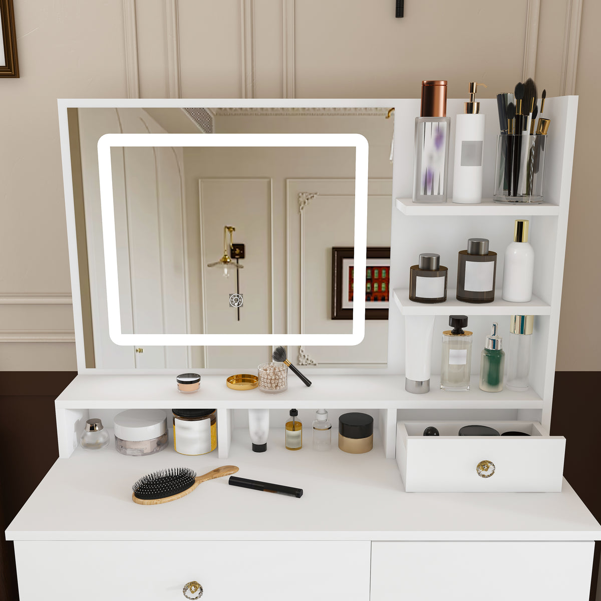 Fashion Vanity Desk with Mirror & 3-Color Dimmable LED Lights