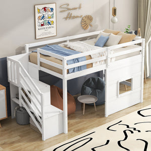 Loft Bed With Storage Staircase, Window & LED Light