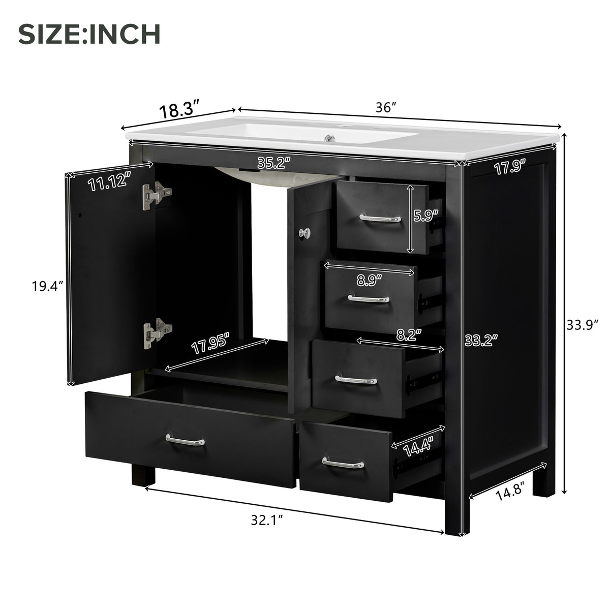 36" Black Bathroom Vanity with Ceramic Sink Combo
