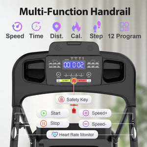 Foldable Electric Treadmill With 2.5Hp Motor, 12Km / H Speed, 3 Incline Levelstooth Music, Heart Rate Sensor, Spacious Running Belt For Indoor - Black