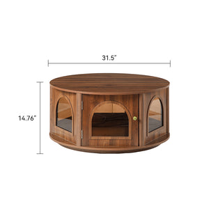 31.5" Round Coffee Table with Storage and Pet House - Dark Walnut