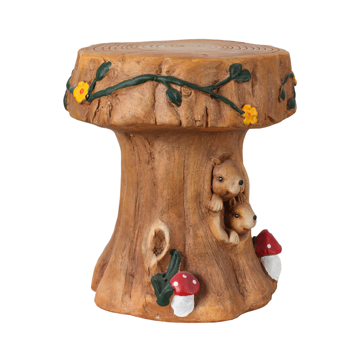 Squirrel Tree Stump Stool Garden Statue with Durable Magnesium Oxide – Brown
