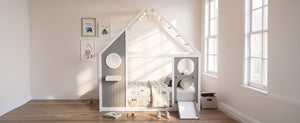 Twin House Bed with Slide, Ball Light Strip - Gray