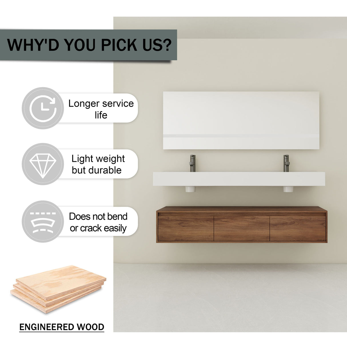 Contemporary Wall Mounted Bathroom Vanity With Dual Resin Sink And Soft Close Drawer