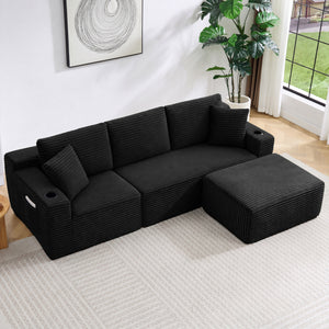L-Shaped Sectional Sofa with Ottoman, Corduroy 3-Seat Couch for Living Room