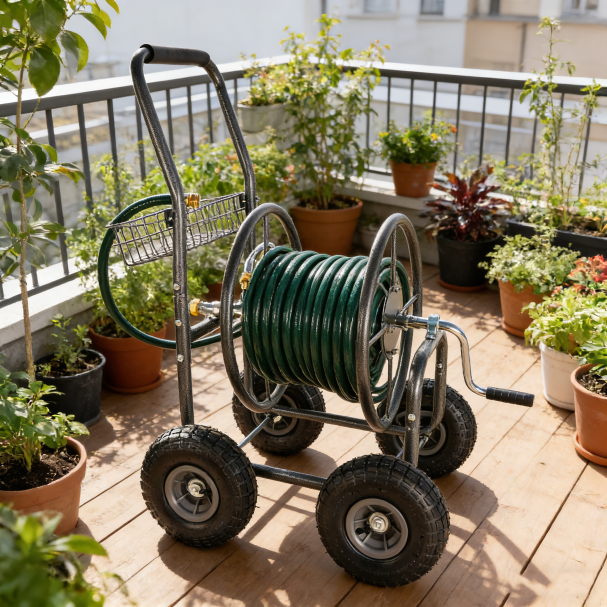 Garden Hose Reel Cart - 4 Wheels Portable with Storage Basket