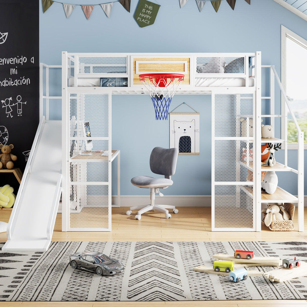 Loft Bed With Built In Desk, Open Wardrobe, Basketball Hoop, Slide And Staircase