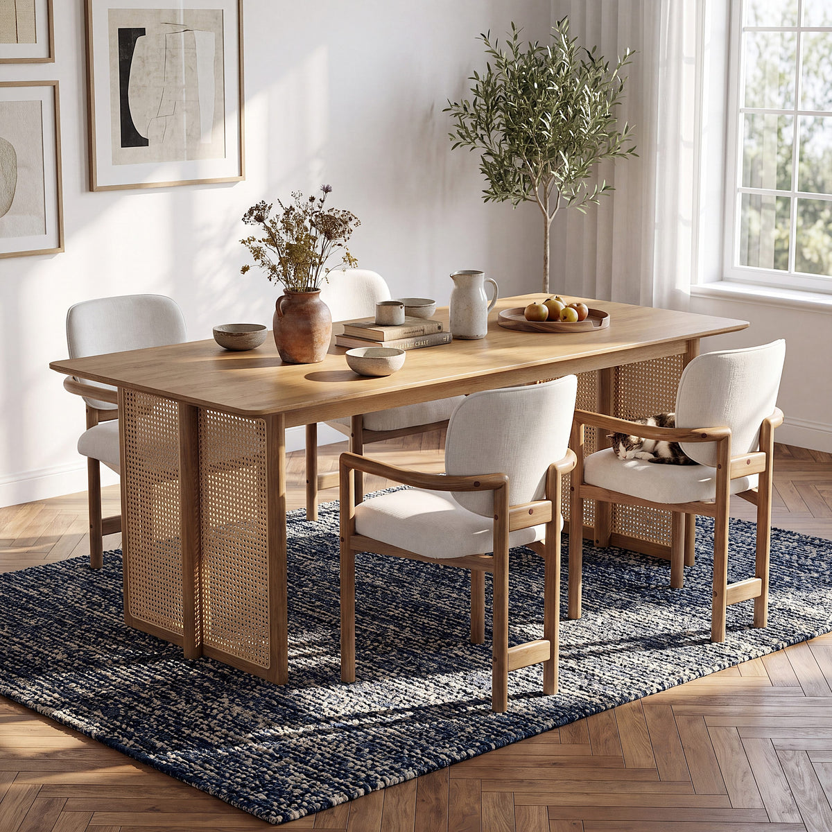 5-Piece Rubber Wood Indoor Dining Set With Rattan & Chairs