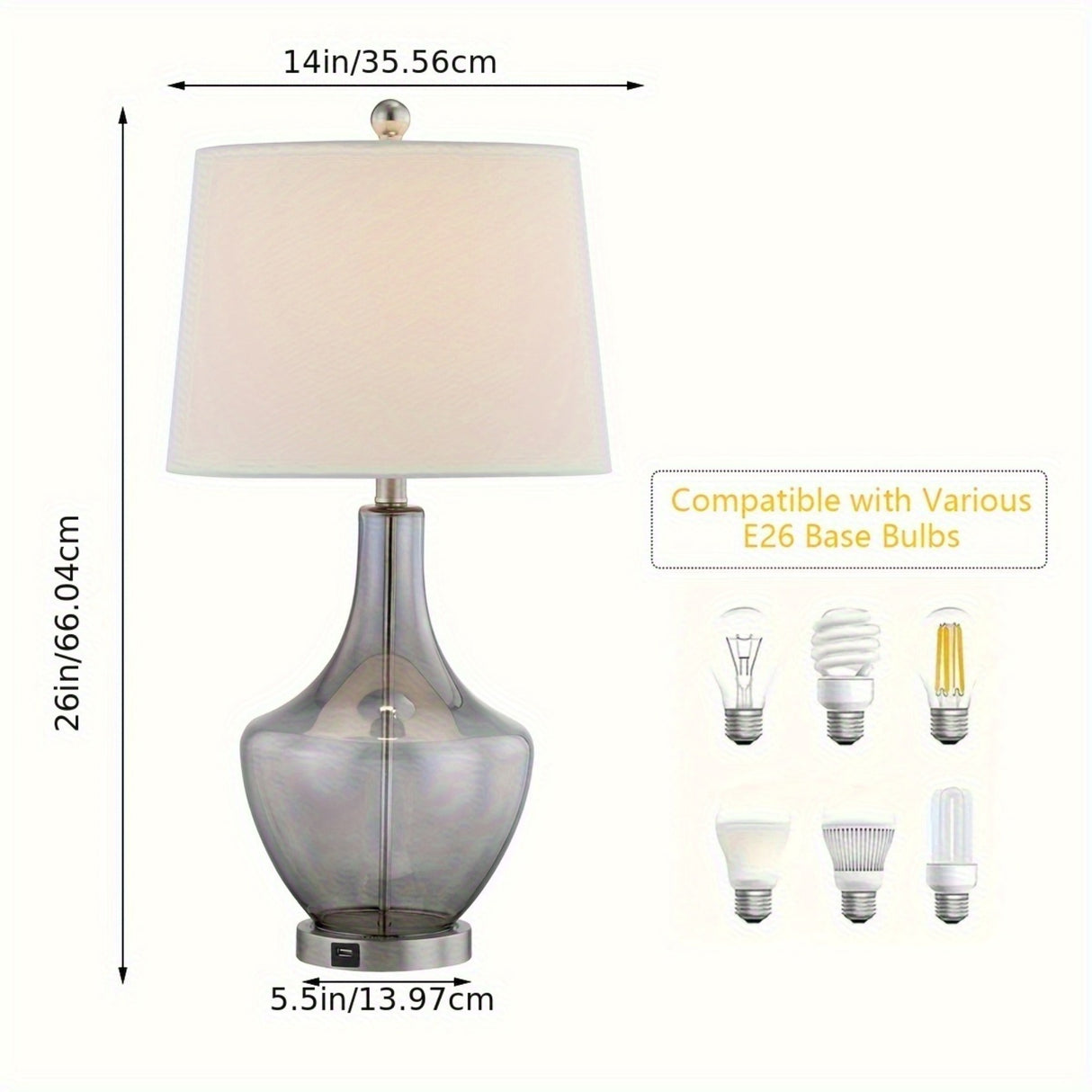 26-Inches Tall Single Glass Table Lamp with USB Charging Port