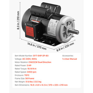 5 HP Electric Motor for Air Compressors, 3450 RPM, Single-Phase 230V