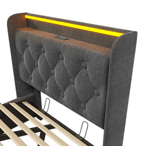 Upholstered Bed, 360 Surround LED Function, Remote Control, Hydraulic Storage Bed With USB, Type-C Charging (Without Mattress)