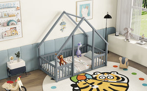 Wood House-Shaped Floor Bed With Fence, Guardrails