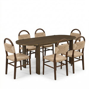 7 Pieces Modern Oval Dining Set, Rustic Farmhouse Solid Wood Kitchen Table Set for 6