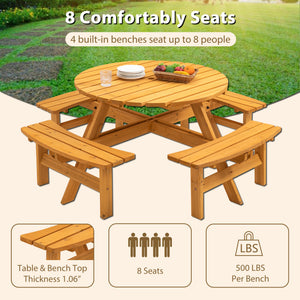 8 Person Wooden Picnic Table with Built-in Benches