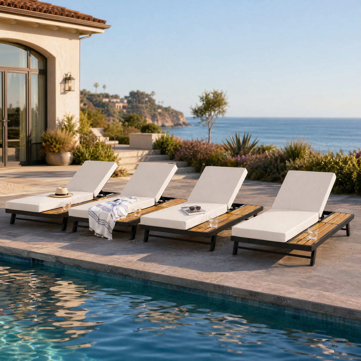 Black Iron and Teak Finish Chaise Lounge Set