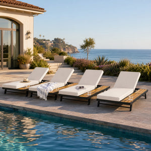 Black Iron and Teak Finish Chaise Lounge Set