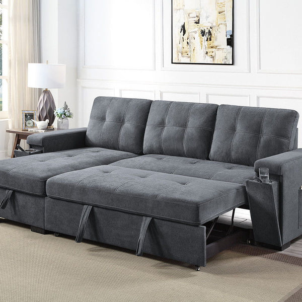 Toby - Woven Fabric Reversible Sleeper Sectional Sofa With Storage Chaise Cup Holder Charging Ports And Pockets