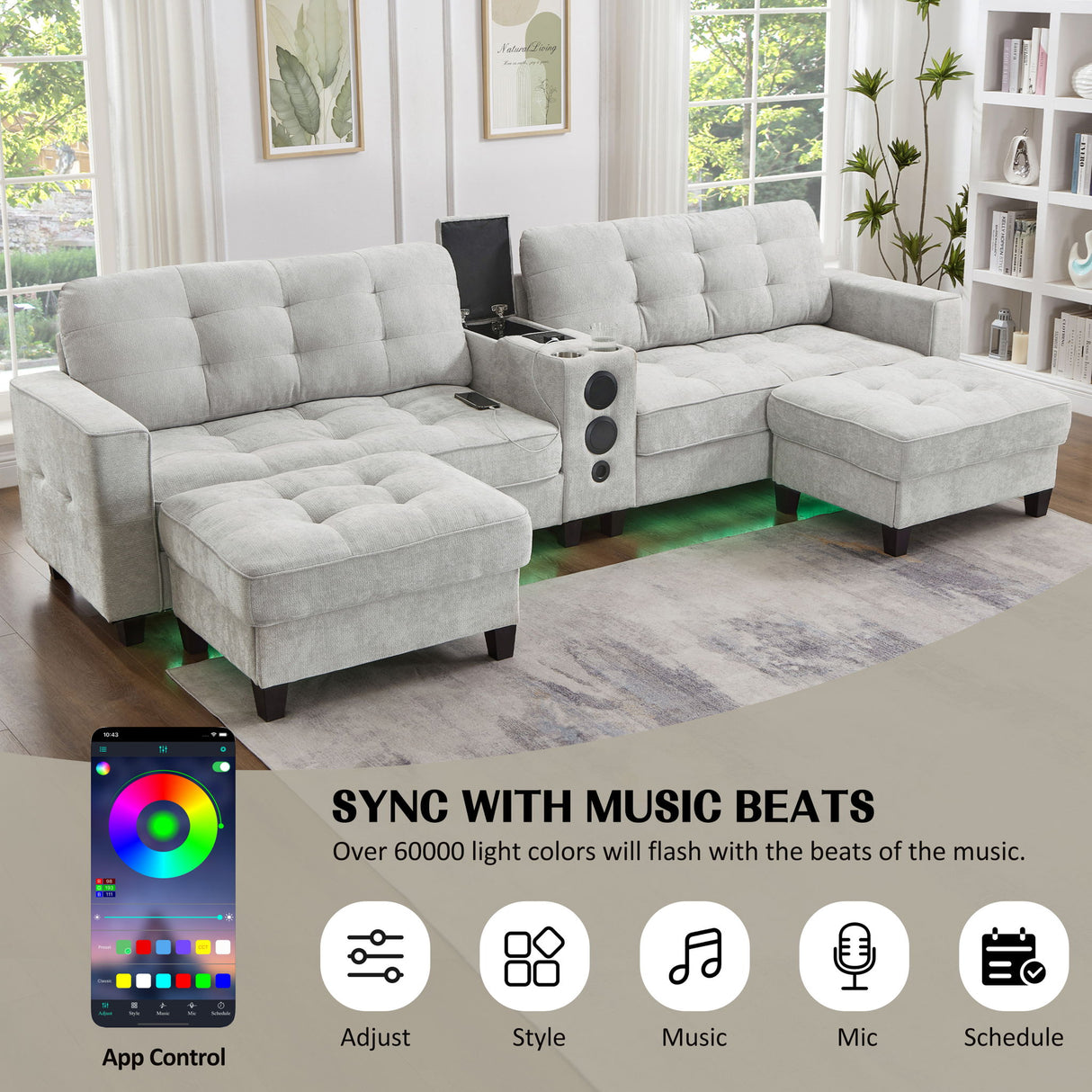 Modern Sectional Sofa U-Shaped With Movable Ottomans, tooth Speakers, LED Lights And Modular Storage