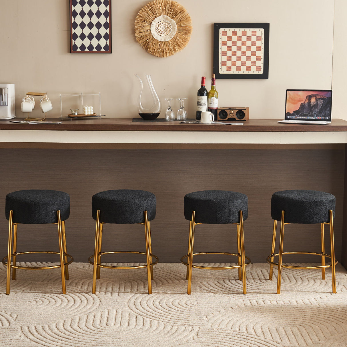 Round Bar Stools (Set of 2), Contemporary Upholstered Dining Stools For Kitchens, Coffee Shops And Bar Stores - Legs