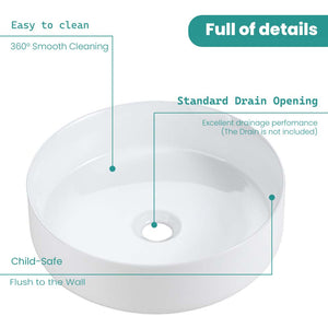 Integrated White Ceramic Basin, 15.56-Inch Round, Gloss Finish