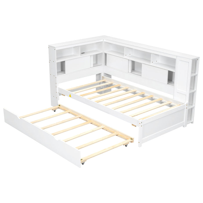 Daybed With Storage Shelves and USB Charging - Twin Size Trundle Bed - White or Light Brown