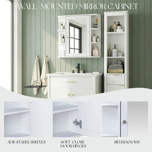 Bathroom Wall Storage Cabinet With Mirror And Adjustable Shelf, 6 Open Shelves