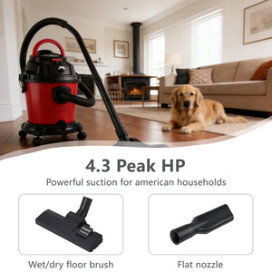 Wet Dry Vac, 5 Gallon, 4.3 Peak HP
