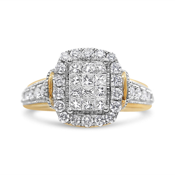 14K Yellow and White Gold 1.00 Cttw Princess and Round Cut Emerald Shaped Halo Diamond Cluster Ring (SI1-SI2 Clarity, H-I Color) - Size 7